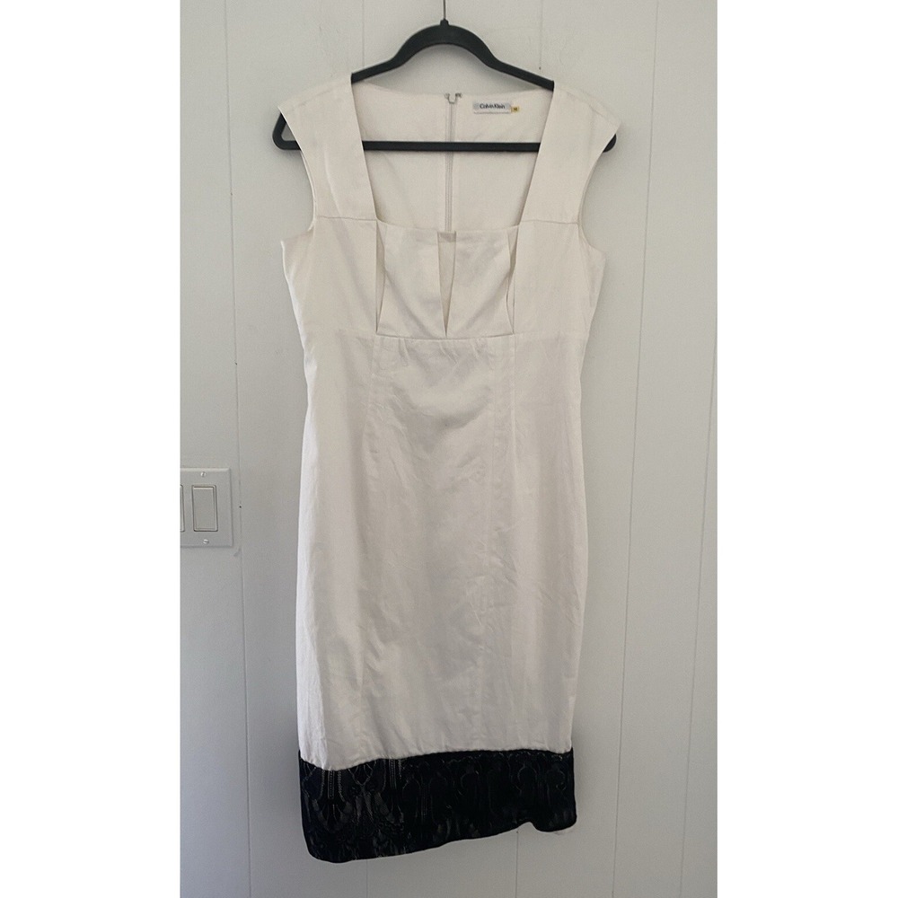 Calvin Klein Sheath Dress White‎ Cotton With Black Lace Trim Sleeveless Size 10